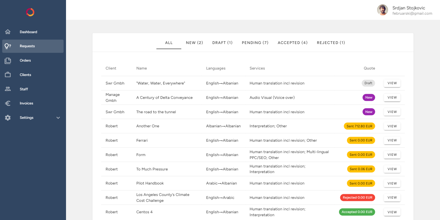 Manage translation requests